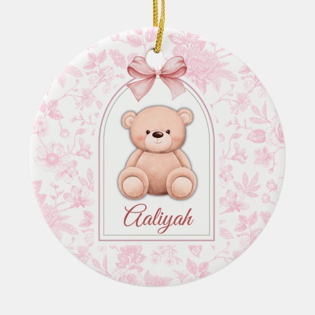 Aaliyah | Benutzerdefiniertes rosa Teddy-Bär-Kinde Keramik Ornament (Vorne)