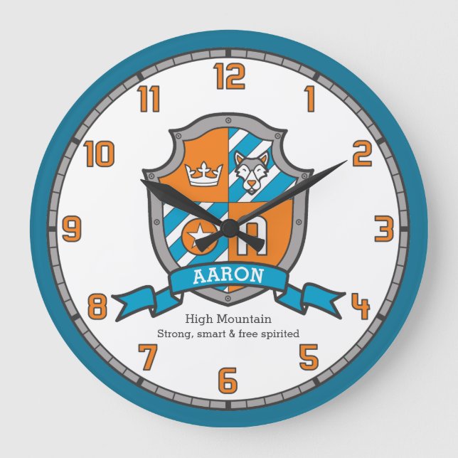 Aaron Jungs Name bedeutet Ritter Wolf Orange Große Wanduhr (Vorderseite)