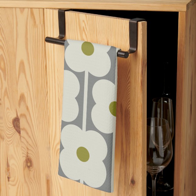 Abacus-Blume und kleines Stammmuster weiß & grau Geschirrtuch (Drittel gefaltet)