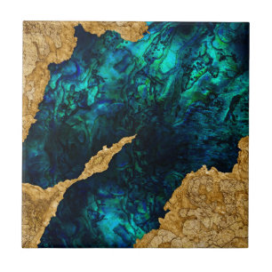 Abalone Blue und Gold Cement Mixed Media abstrakt Fliese