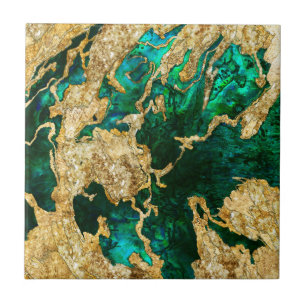 Abalone Green and Gold Cement Mixed Media Abstract Fliese