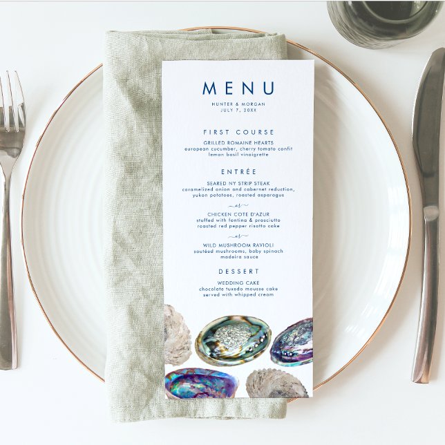Abalone Muschel Colorful Watercolor Beach Hochzeit Menükarte (This watercolor abalone shell wedding menu is perfect for your elegant beach wedding)