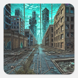 Abandoned City Dystopian AI Generated Artwork Quadratischer Aufkleber