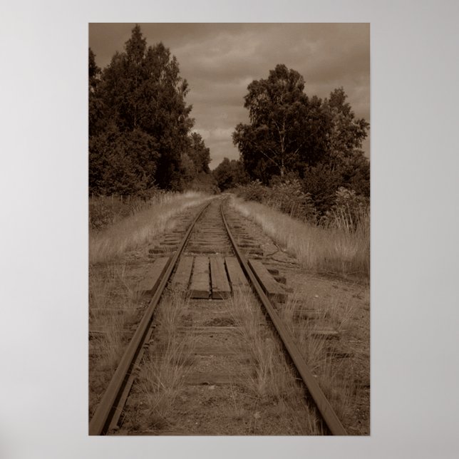 Abandoned Empty Railroad Tracks Sepia Foto Poster (Vorne)