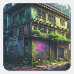 Abandoned Lila Graffiti Gebäude Urban Decke Quadratischer Aufkleber