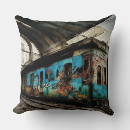 Abandoned Train with Graffiti Urban Street Art Kissen