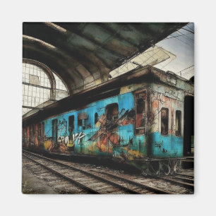 Abandoned Train with Graffiti Urban Street Art Magnet