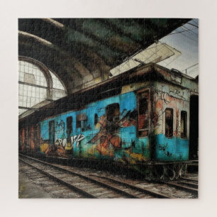 Abandoned Train with Graffiti Urban Street Art Puzzle