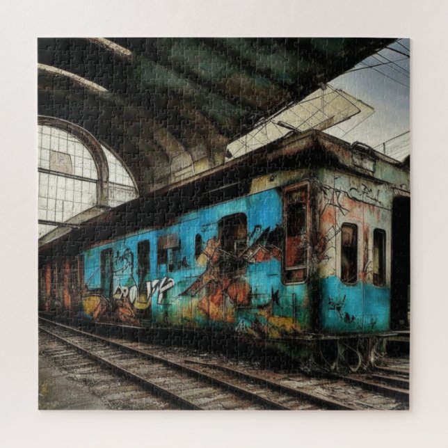 Abandoned Train with Graffiti Urban Street Art Puzzle (Vertikal)