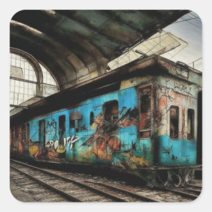 Abandoned Train with Graffiti Urban Street Art Quadratischer Aufkleber