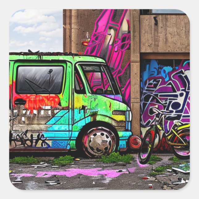 Abandoned Van and Bike Graffiti Urban Art Quadratischer Aufkleber (Vorderseite)