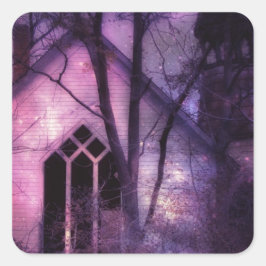 Abandred Church Lila Night Sky Digitale Kunst Quadratischer Aufkleber