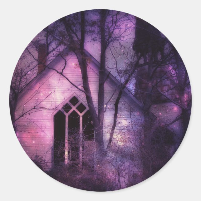 Abandred Church Lila Night Sky Digitale Kunst Runder Aufkleber (Vorderseite)