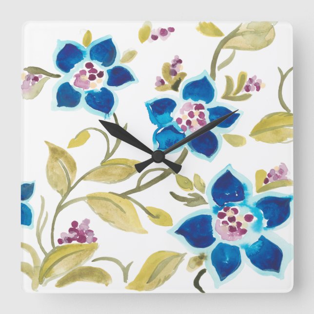 Abbey Floral Tiles - Blaue Blumen Quadratische Wanduhr (Vorderseite)