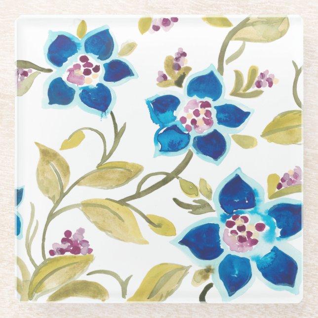Abbey Floral Tiles - Blue Blooms Glasuntersetzer (Vorderseite)