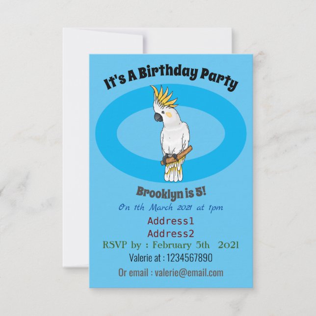 Abbildung des Cartoon von Kakatovogel mit Schwefel Einladung (Vorderseite)