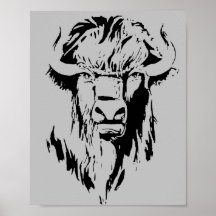Abbildung eines Büffelkopfes in Schwarz-Weiß