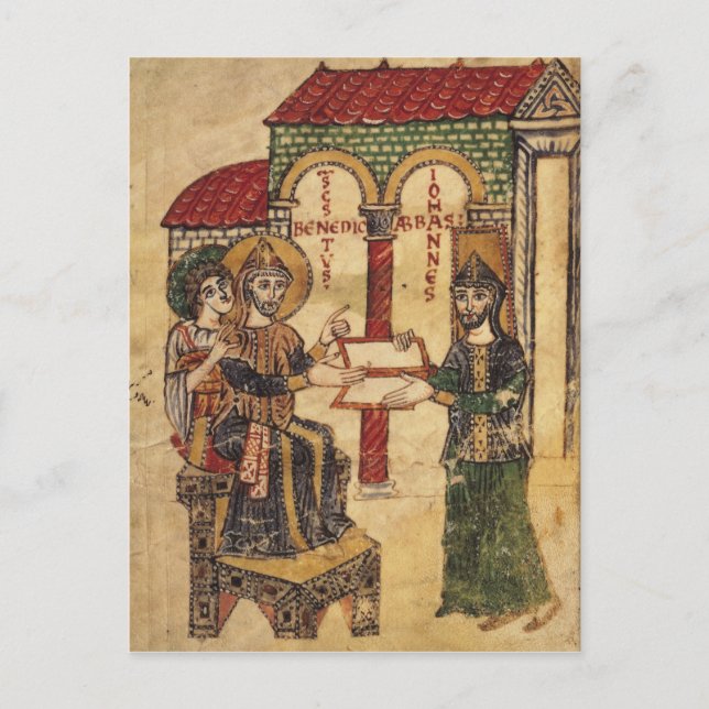 Abbot John bietet Manuskript Benedict an Postkarte (Vorderseite)