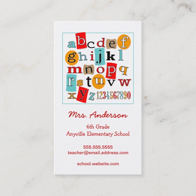 ABC 123 Alphabet Teacher Contact Business Card Telefonnummerkarte (Vorderseite)