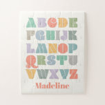 ABC Alphabet Personalisierter Name Puzzle<br><div class="desc">Ein farbenfrohes Retro Alphabet Design,  das für Ihr Kind personalisiert sein kann. Inspiriert durch Retro-Schriften und Boho-Stil,  kann dieses Design mit einem Kindernamen,  Monogramm oder anderem Text angepasst werden. Geschlechtsneutrale Farben; lila,  grün,  orange,  gelb,  aquamarin,  türkis,  grau,  braun,  creme.</div>
