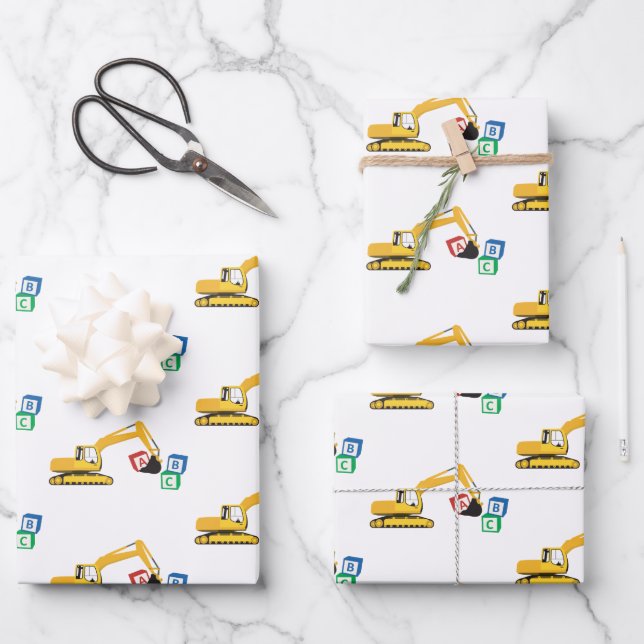 ABC Baggerbauwagen Geschenkpapier Set (Vorderseite)