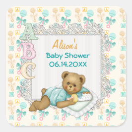 ABC Teddy Peach and Aqua Baby Shower Quadratischer Aufkleber