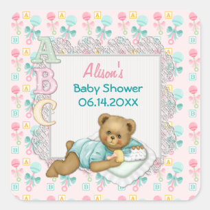 ABC Teddy Pink und Aqua Baby Dusche Quadratischer Aufkleber