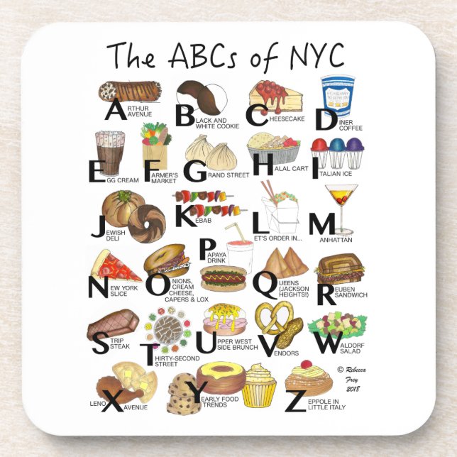 ABCs von NYC Iconic New York City Foods Alphabet Getränkeuntersetzer (Vorderseite)