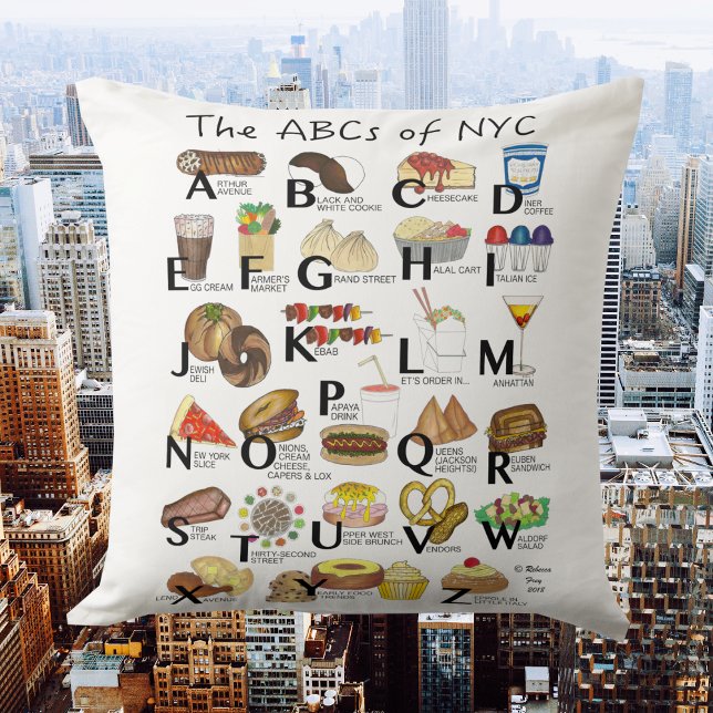 ABCs von NYC Iconic New York City Foods Alphabet Kissen (ABCs of NYC)