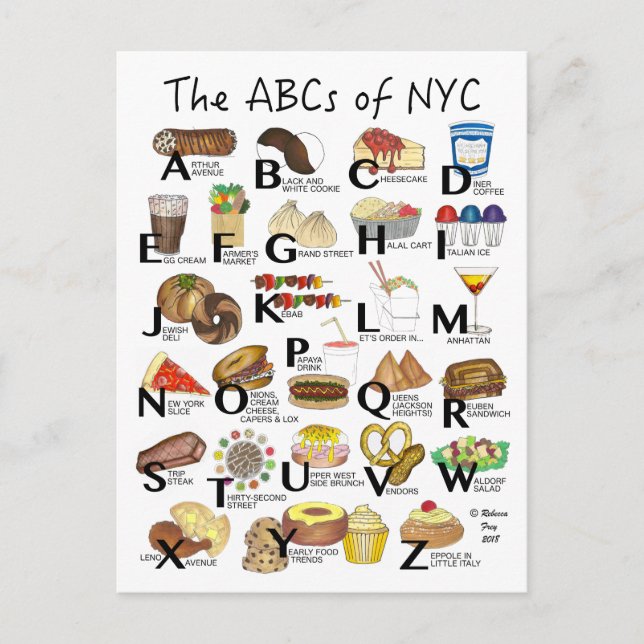 ABCs von NYC Iconic New York City Foods Alphabet Postkarte (Vorderseite)