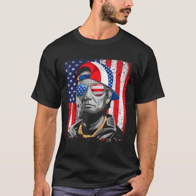 Abe Lincoln Beard Sunglasses American Flag 4th of T-Shirt (Vorderseite)