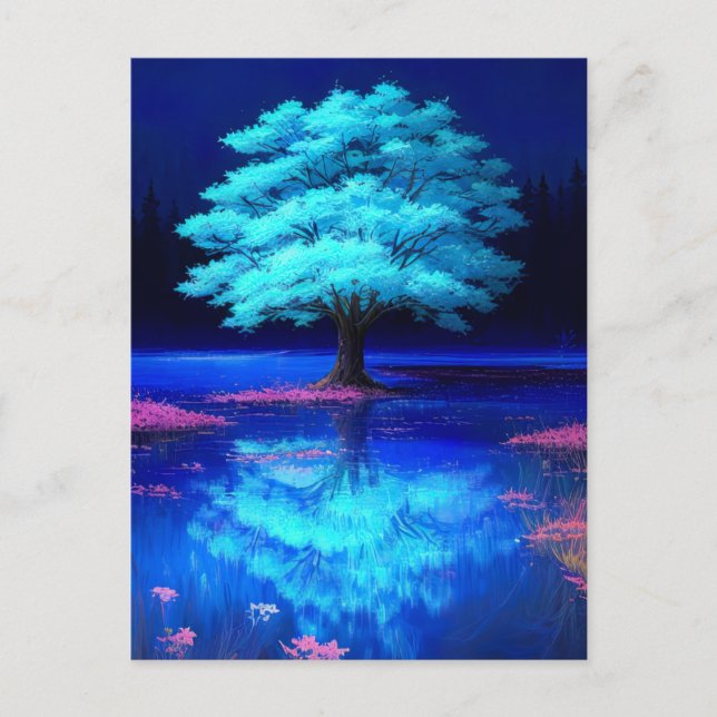 Abend am bezaubernden Blauen Baum Postkarte (Vorderseite)