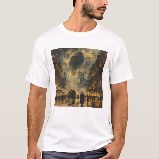 Abend Ankunft - Eine Steampunk Street Szene T-Shirt (Vorderseite)