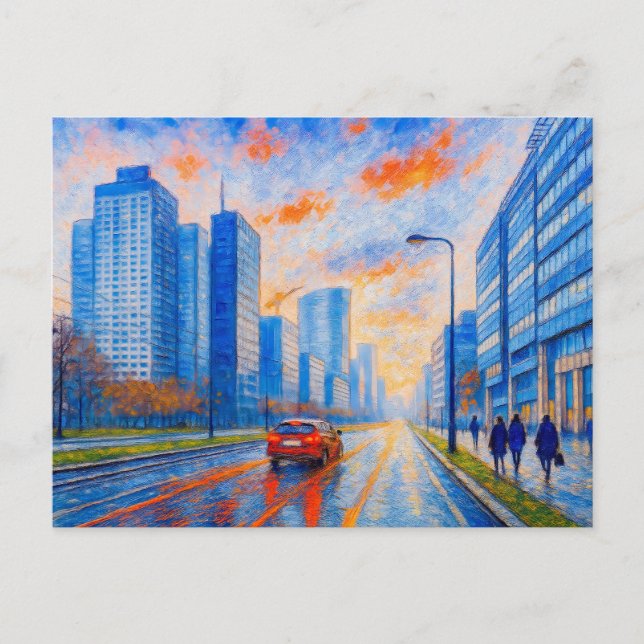 Abend in Warschau - ausdrucksstarke Ölmalerei Feiertagspostkarte (Vorderseite)