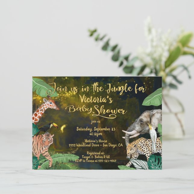 Abend Jungle Animals Kinderdusche Einladung (Stehend Vorderseite)