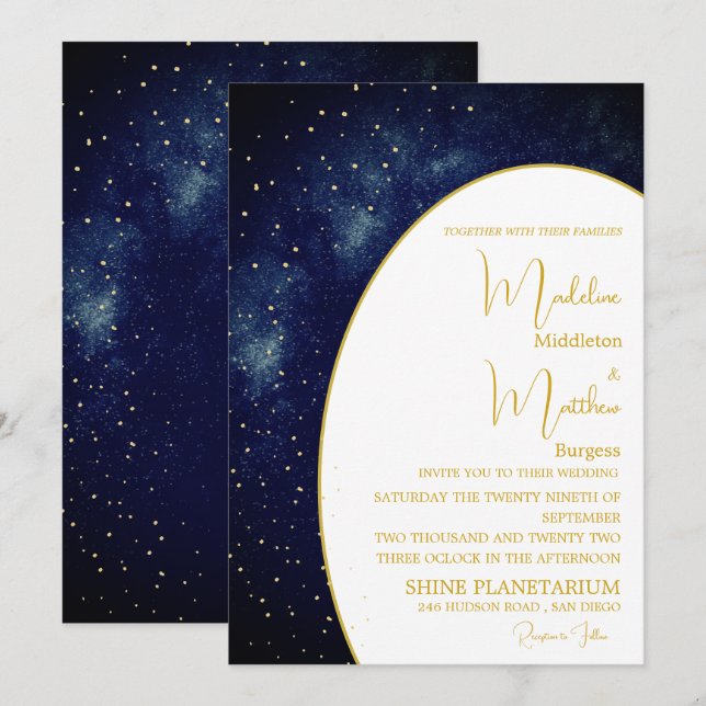 Abend Sky Gold Stars Blue Modern Wedding Einladung (Vorne/Hinten)