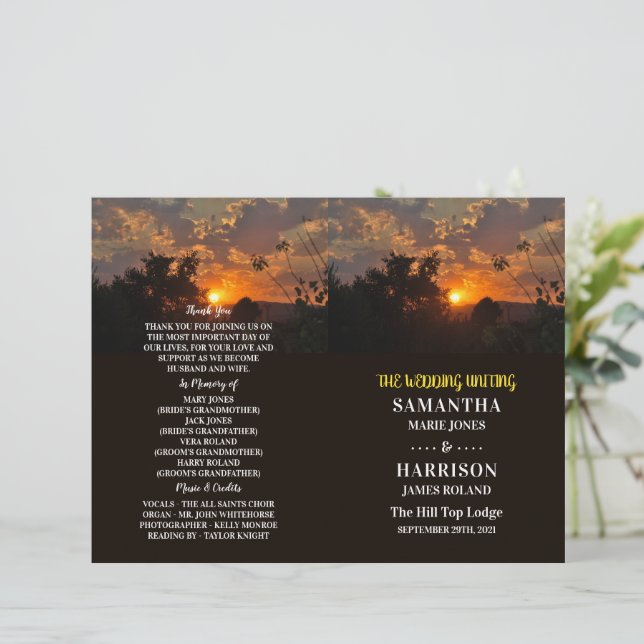 Abend Sunset Scene, Rustic Wedding Programm (Stehend Vorderseite)