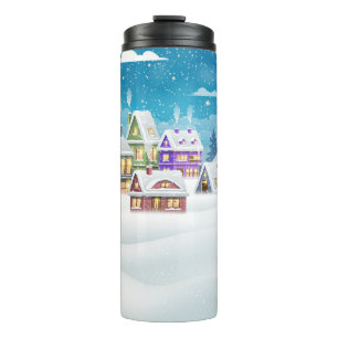 Abend-Winterdörferlandschaft mit schneebedeckter F Thermosbecher
