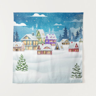 Abend-Winterdörferlandschaft mit schneebedeckter F Wandteppich
