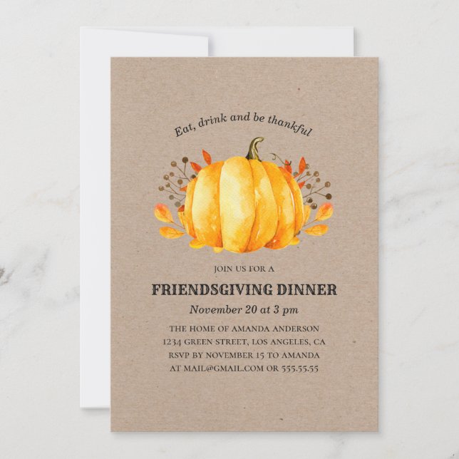 Abendessen am Erntedank. Rustikaler Kürbis Einladung (Vorderseite)