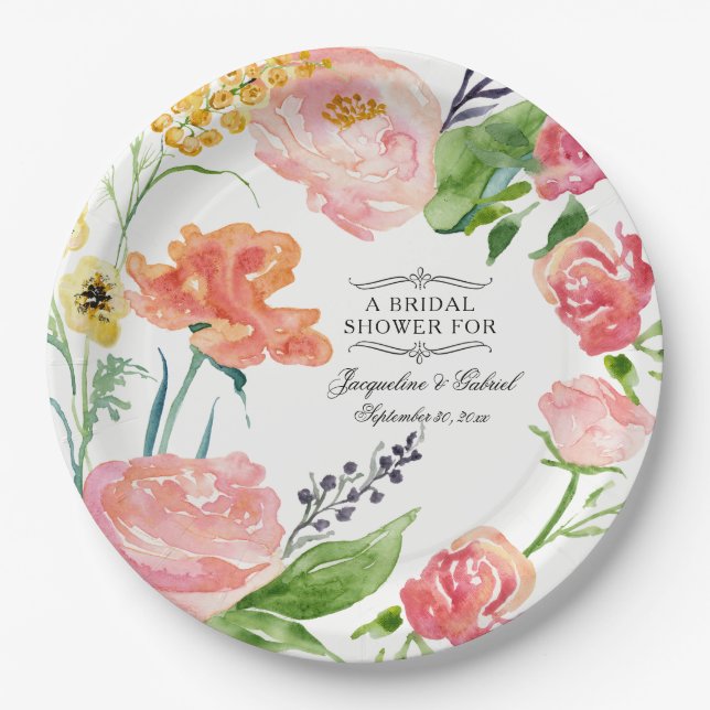 Abendessen Brautparty Moderne Wasserfarben Rose Pappteller (Vorderseite)