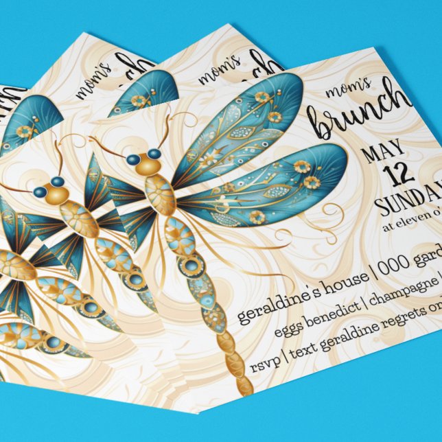 Abendessen der Drachenmütter Einladung (Dragonfly in aqua and gold Mother's Day Brunch customizable invitation you can also download. )
