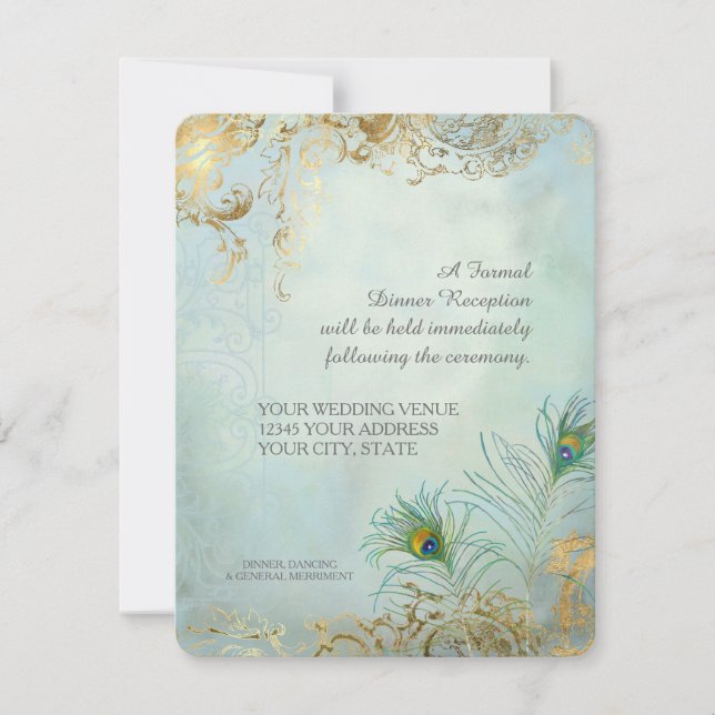 Abendessen Empfang Peacock Feathers Elegante Hochz Einladung (Vorderseite)