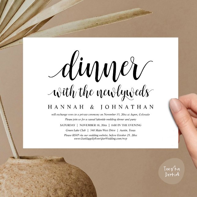 Abendessen mit frisch verheirateten Kindern, Hochz Einladung (Dinner with the newlyweds, Wedding Elopement Invitation Card PDF Modern Rustic Party Black White)