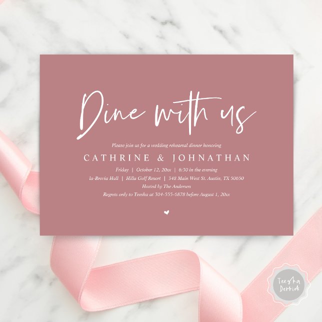Abendessen mit uns, Hochzeit Probe Dinner Einladung (Dine with us, Modern Wedding Rehearsal Dinner Party Invitation Card, PDF, in Dusty Rose Pink)