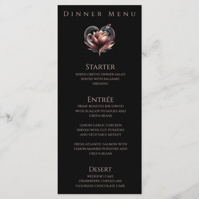 Abendessen und Bar Menu Moderne Rose mit Herz Menükarte (Vorderseite)