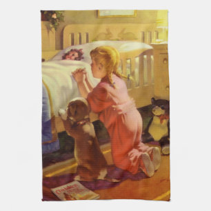 Abendgebete, Mädchen mit Welpen, Vintage-Religion Geschirrtuch