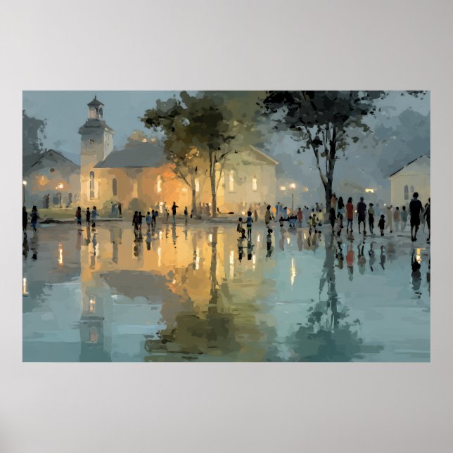 Abendliche Kirchenplatz-Regenreflexionen Poster (Vorne)