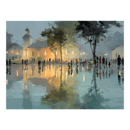 Abendliche Kirchplatz-Regenreflexionen Fotodruck
