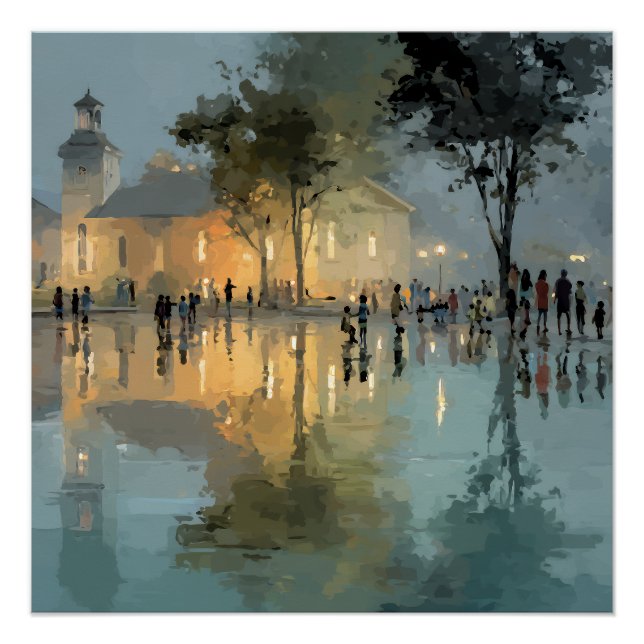 Abendliche Kirchplatz-Regenreflexionen Poster (Vorderseite)